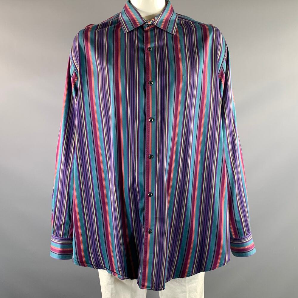 ROBERT GRAHAM Size XXXL Blue Purple Striped Trim Cotton Long Sleeve Shirt